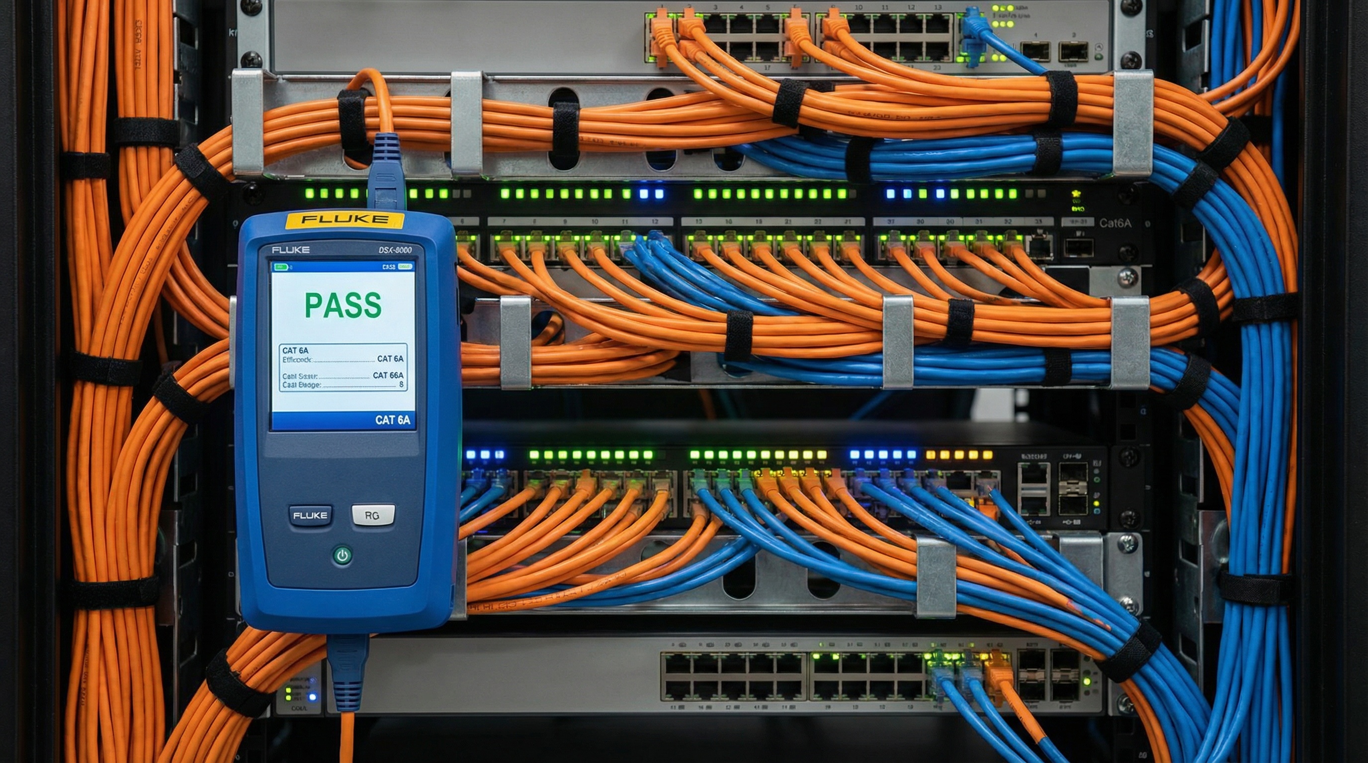 Rack de cabeamento estruturado com diferentes tipos de cabos organizados e certificados