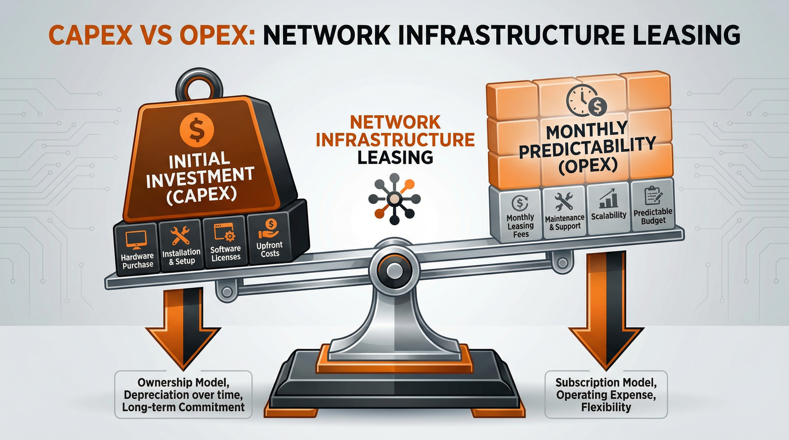 Gráfico comparativo CAPEX vs OPEX em locação de ativos de rede