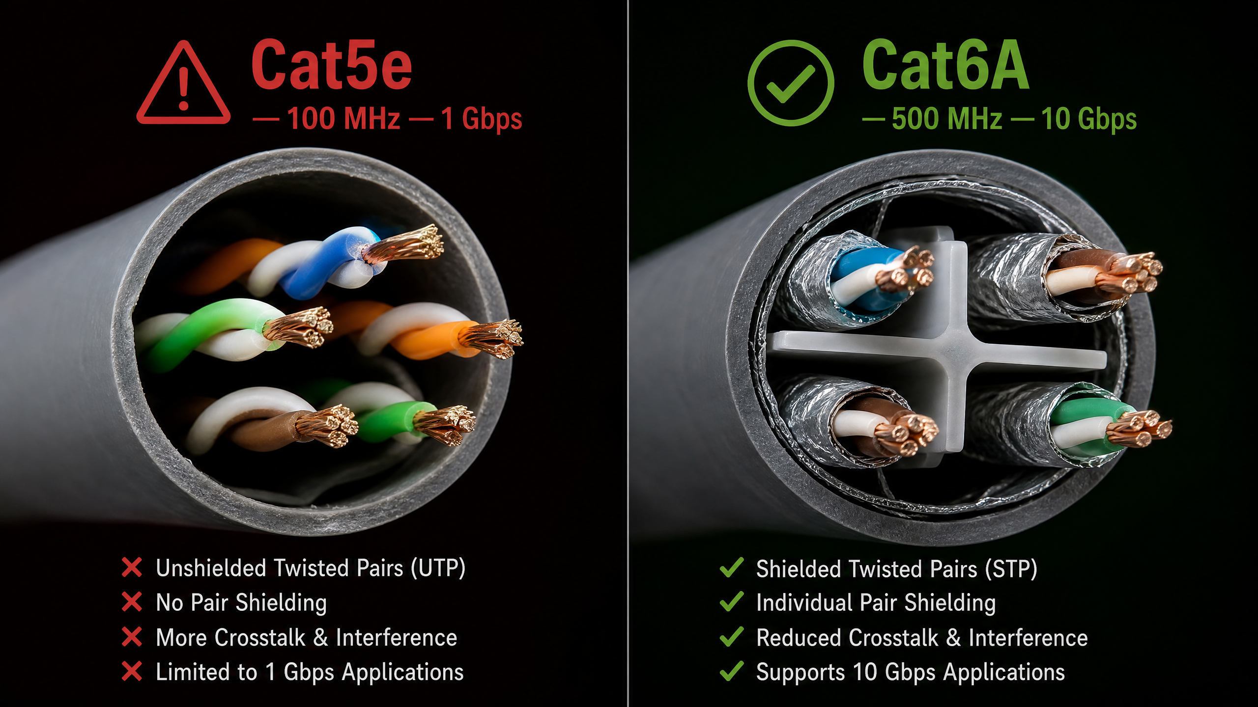 Comparativo Cat5e vs Cat6A em seção transversal