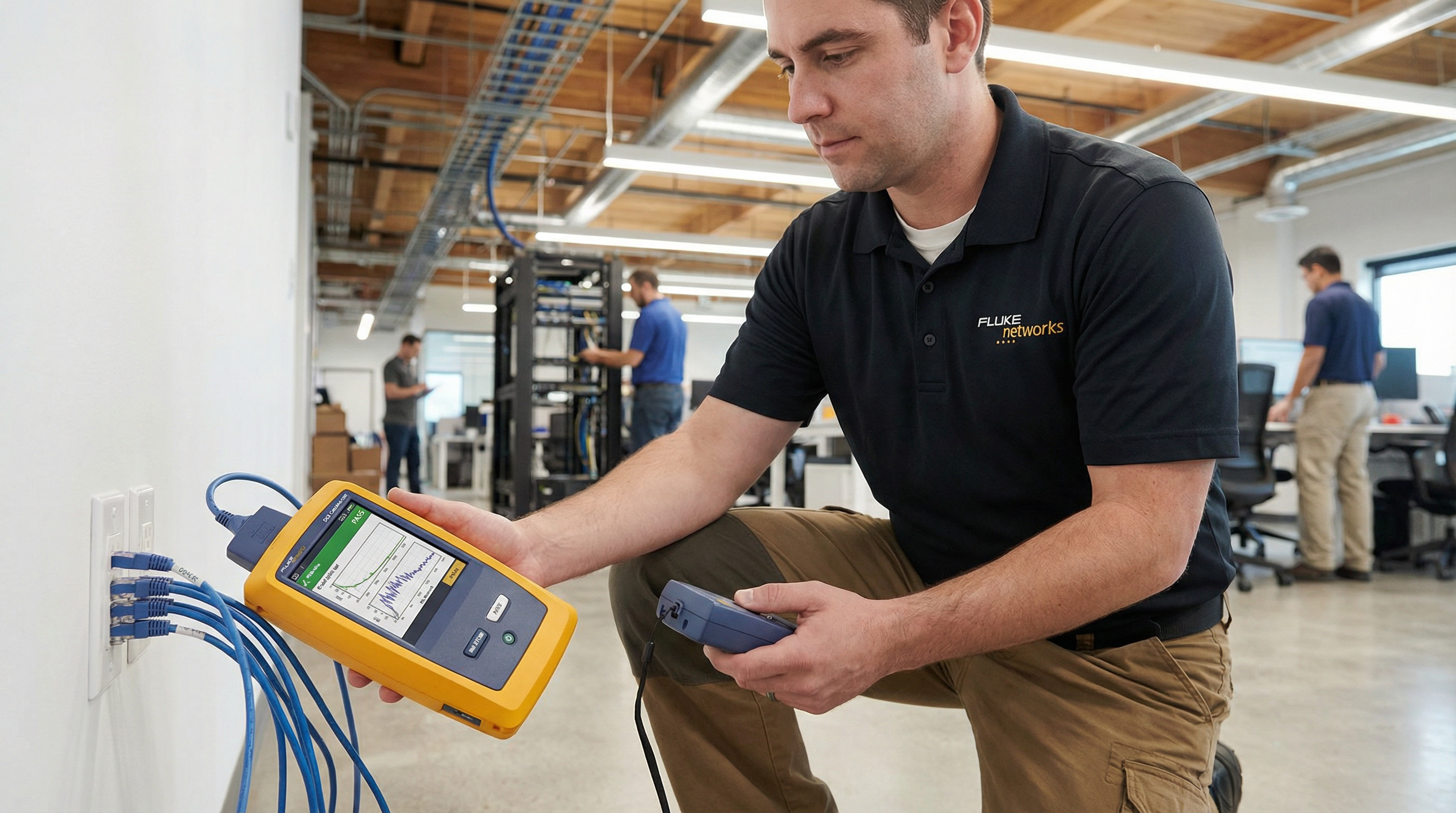 Técnico certificando instalação de cabeamento com equipamento Fluke Networks