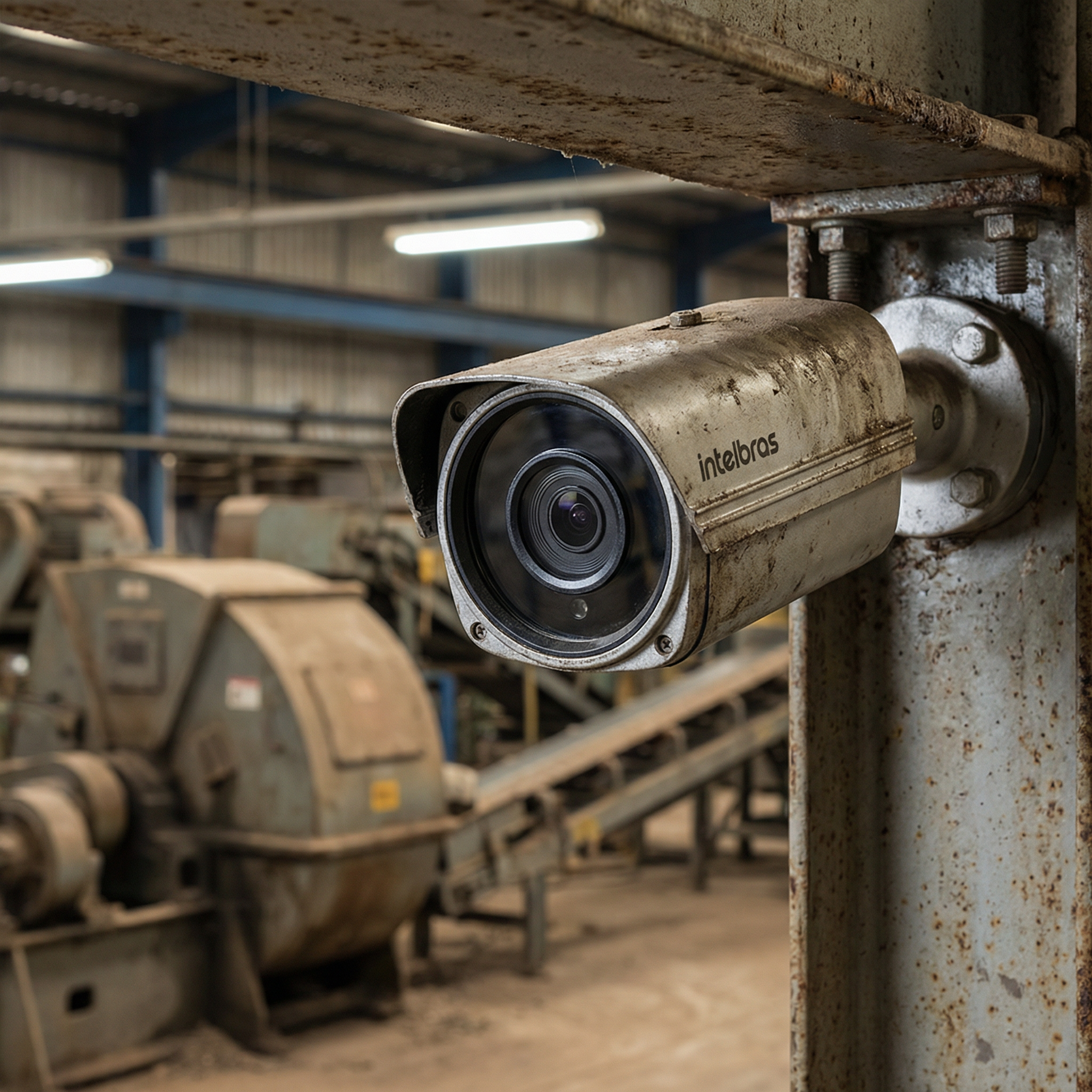 Detalhe de câmera Intelbras em ambiente industrial