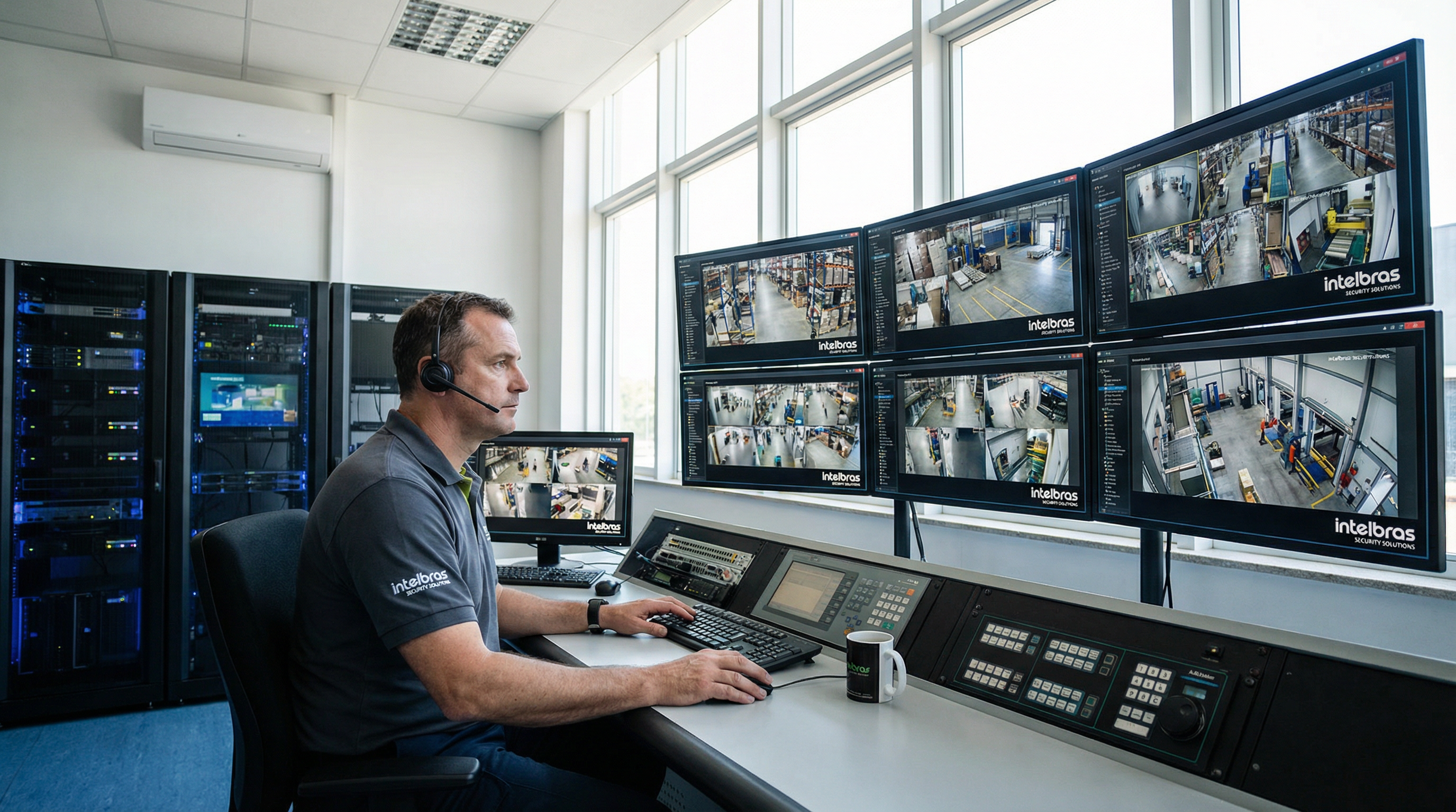 Operador monitorando CFTV em centro de controle industrial
