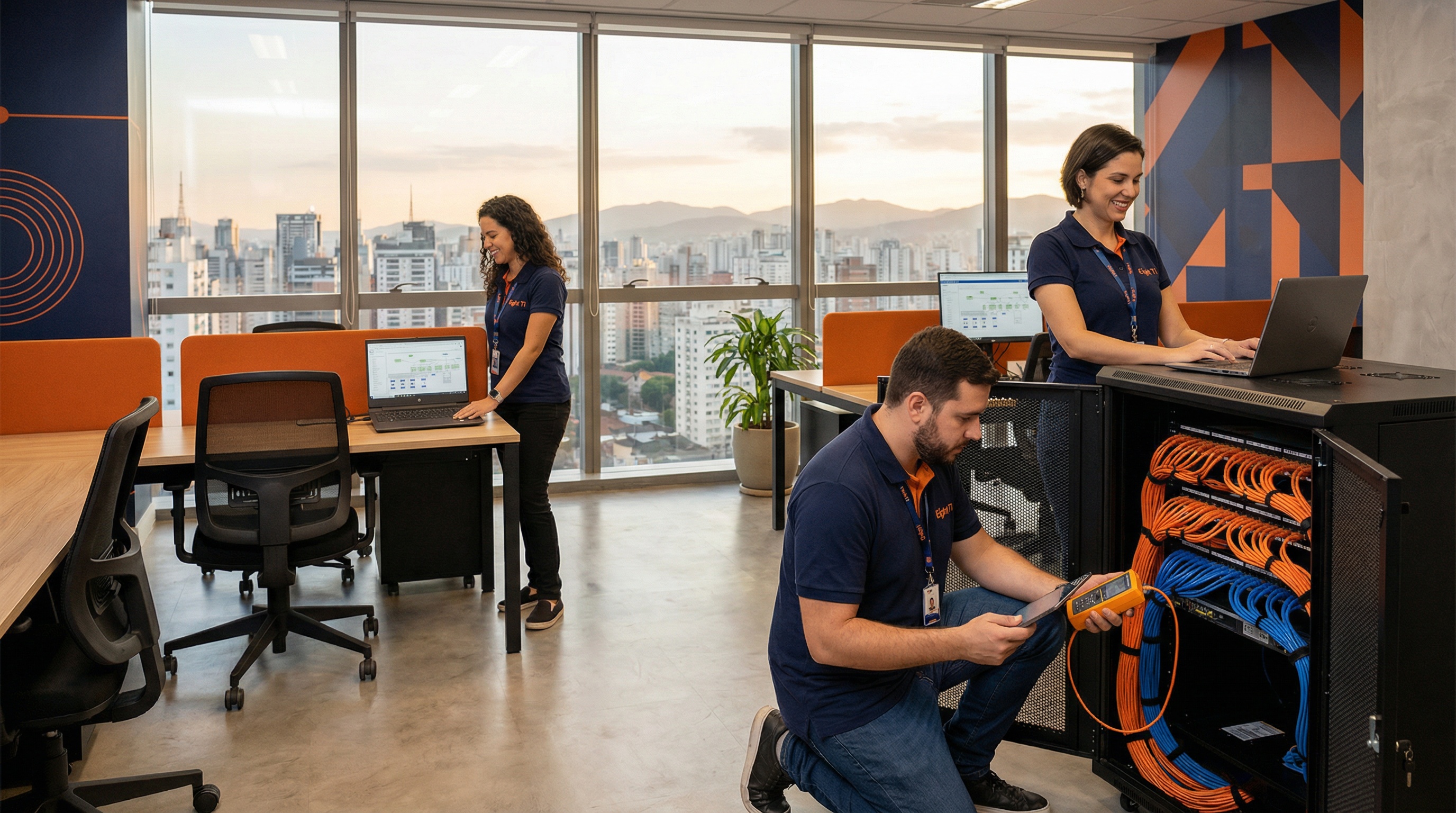 Equipe da Eight TI realizando manutenção em infraestrutura de rede em escritório na Grande São Paulo