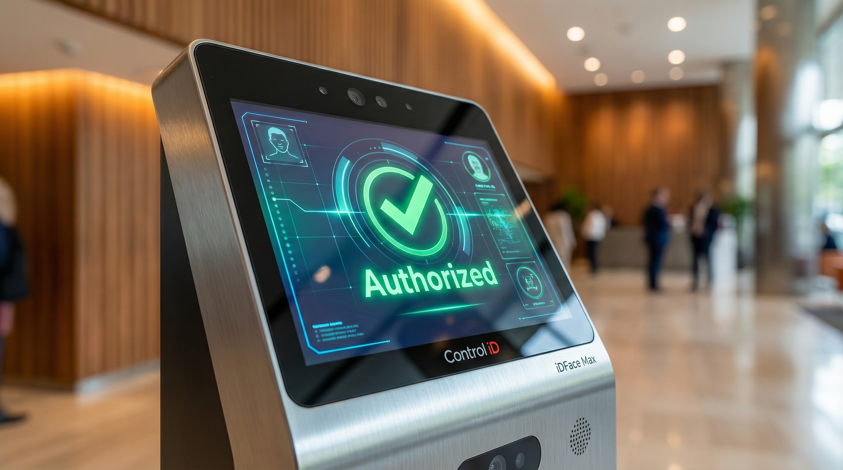 Close-up do terminal de reconhecimento facial Control iD iDFace Max mostrando interface de acesso autorizado