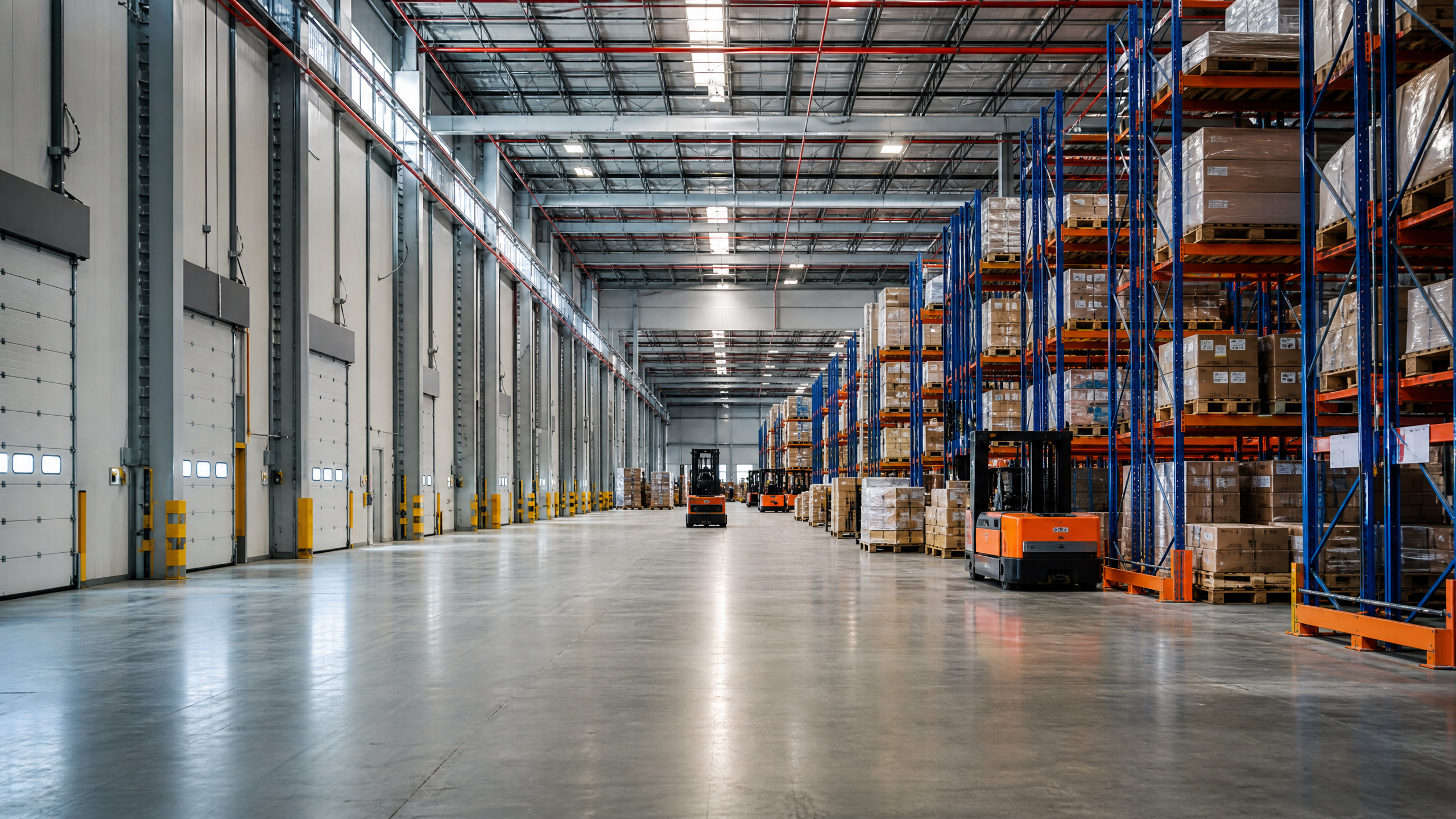 Galpão industrial amplo com corredores de armazenagem, docas e empilhadeiras