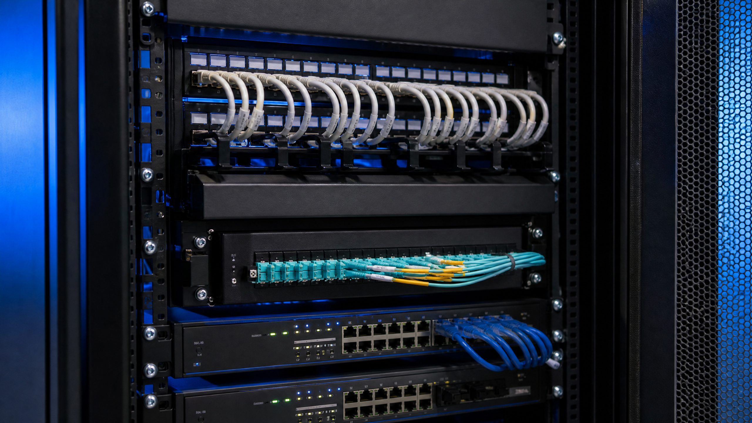 Rack de telecomunicações organizado com patch panels, cabos UTP, fibra óptica e switches