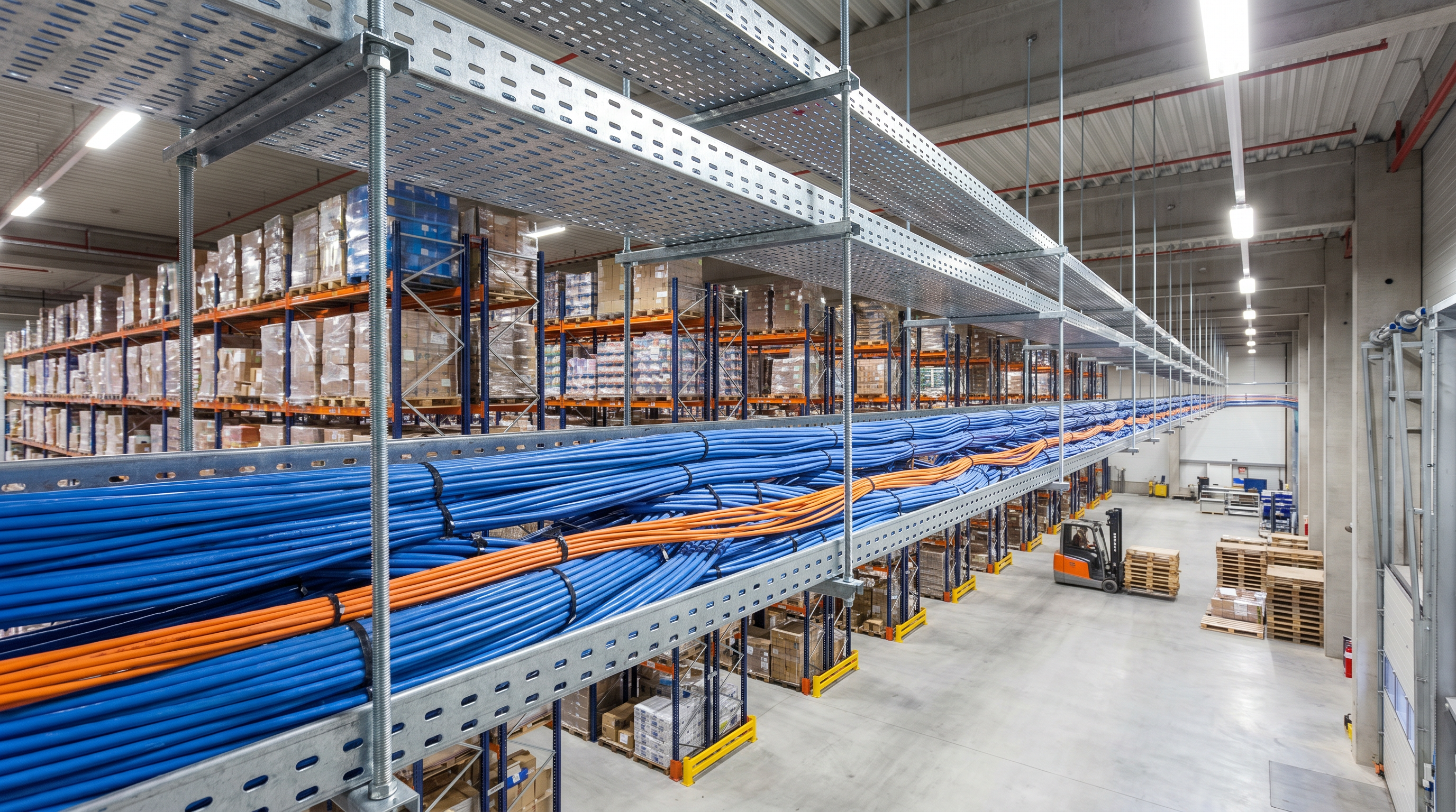 Eletrocalhas metálicas galvanizadas suspensas no teto de um galpão logístico transportando feixes organizados de cabos de rede CAT6A e fibras ópticas - Direitos Autorais Eight TI