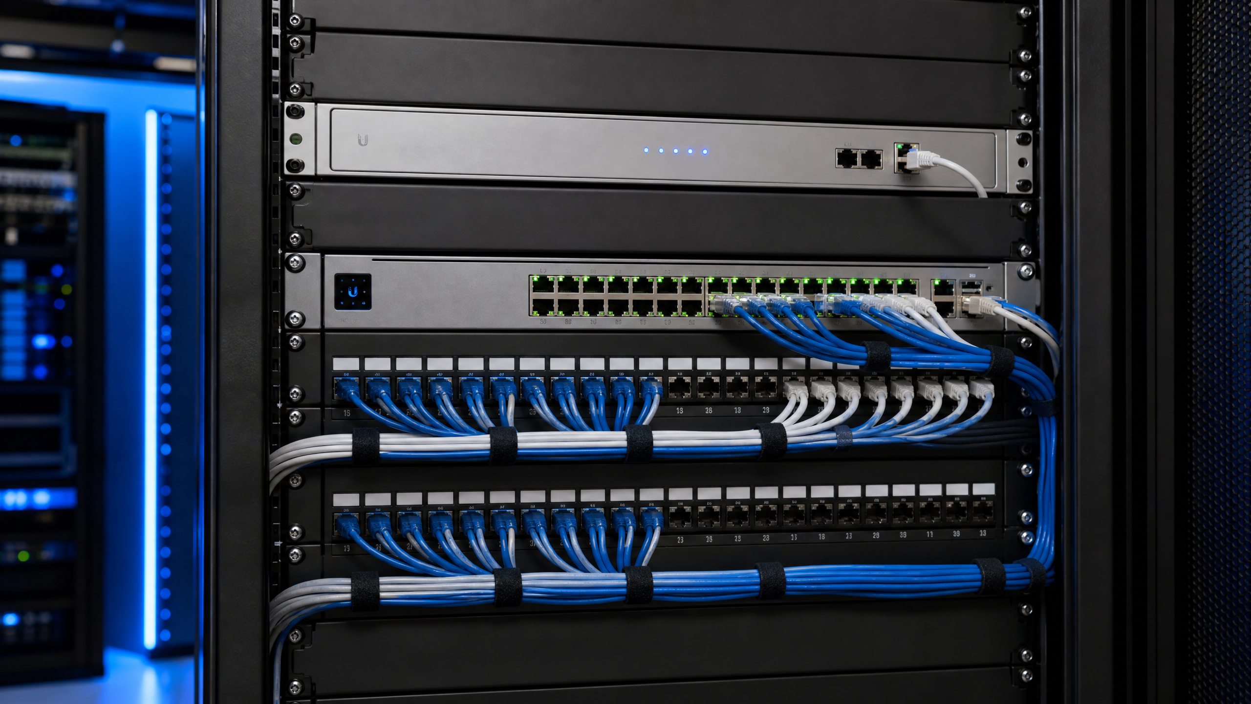 Rack de rede corporativo com equipamentos Ubiquiti UniFi organizados com cabeamento estruturado Cat6A — empresa para instalar rede de Wi-Fi na sua empresa