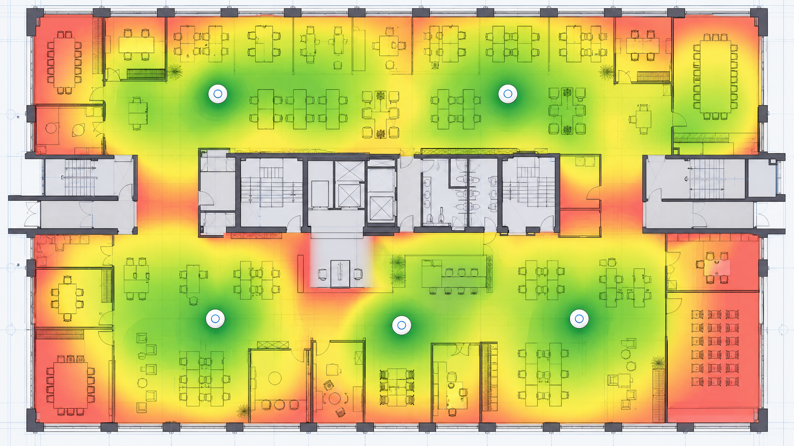 Heatmap de Site Survey Wi-Fi mostrando cobertura de sinal em escritório corporativo — empresa para instalar rede de Wi-Fi na minha empresa em São Paulo