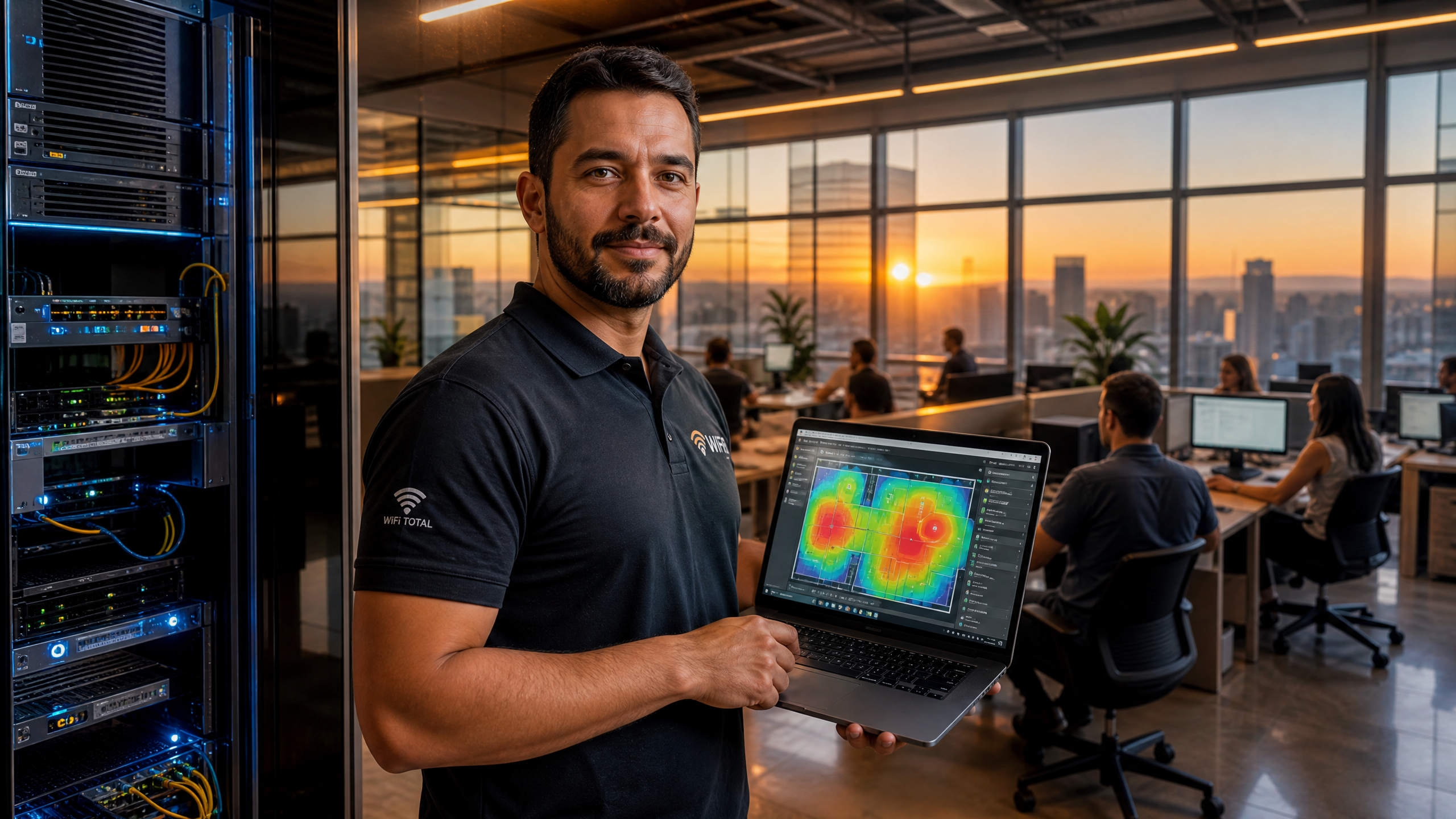 Técnico de TI analisando heatmap de rede Wi-Fi corporativa