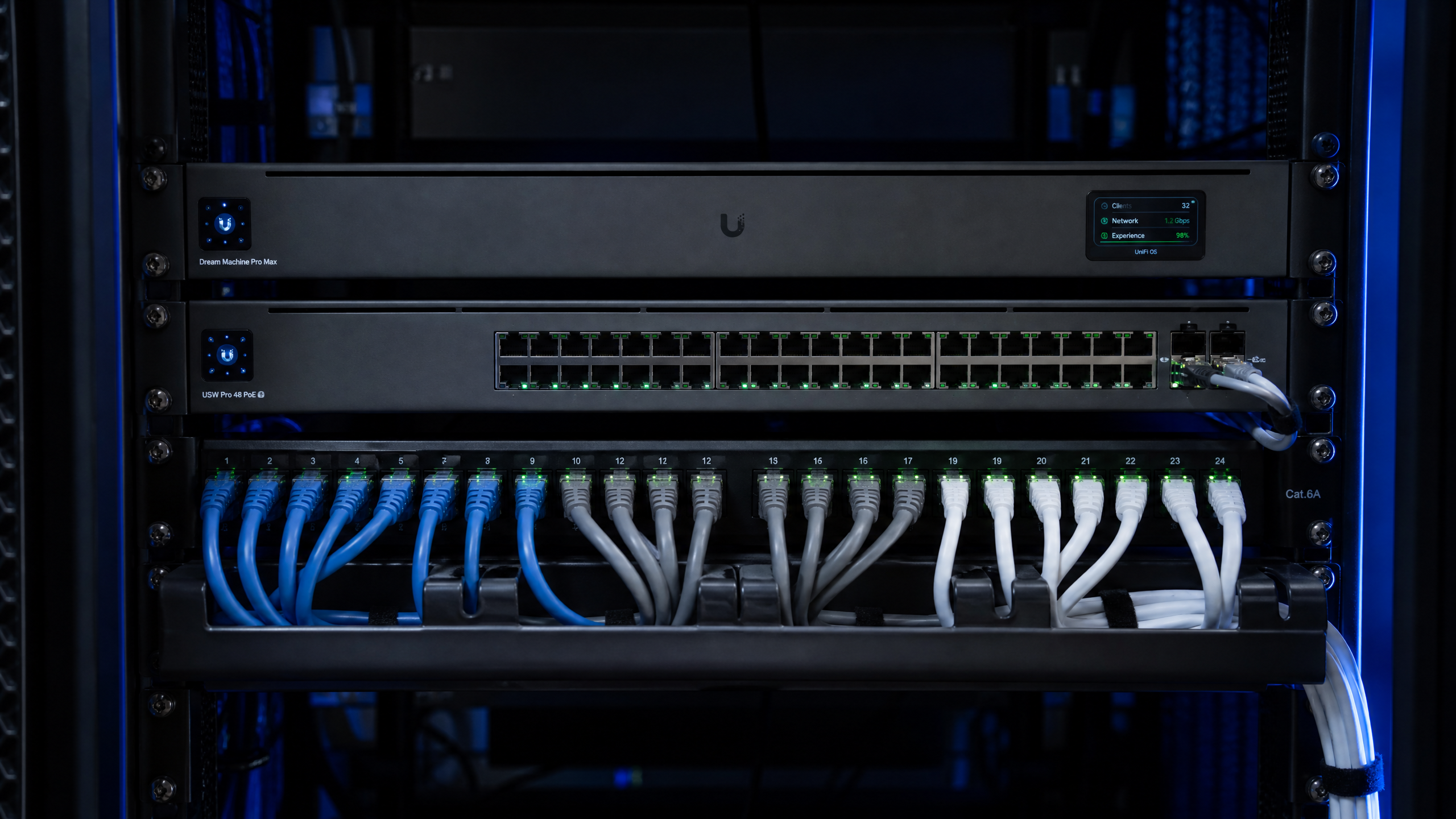 Rack de rede organizado com Switch PoE Ubiquiti UniFi e cabos Cat6A