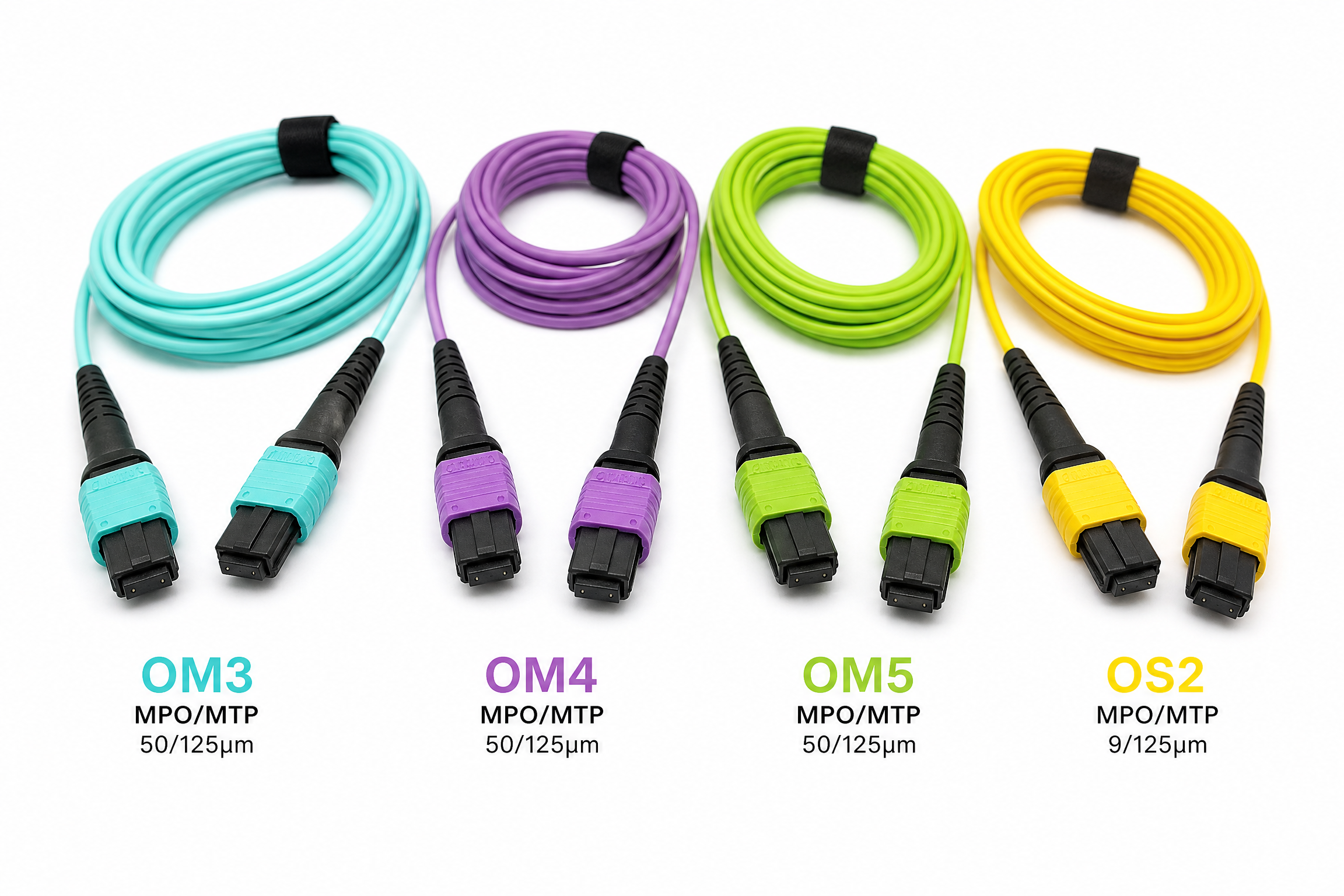 Cabos trunk MPO/MTP nas quatro versões de fibra: OM3 aqua, OM4 violeta, OM5 lime green e OS2 amarelo