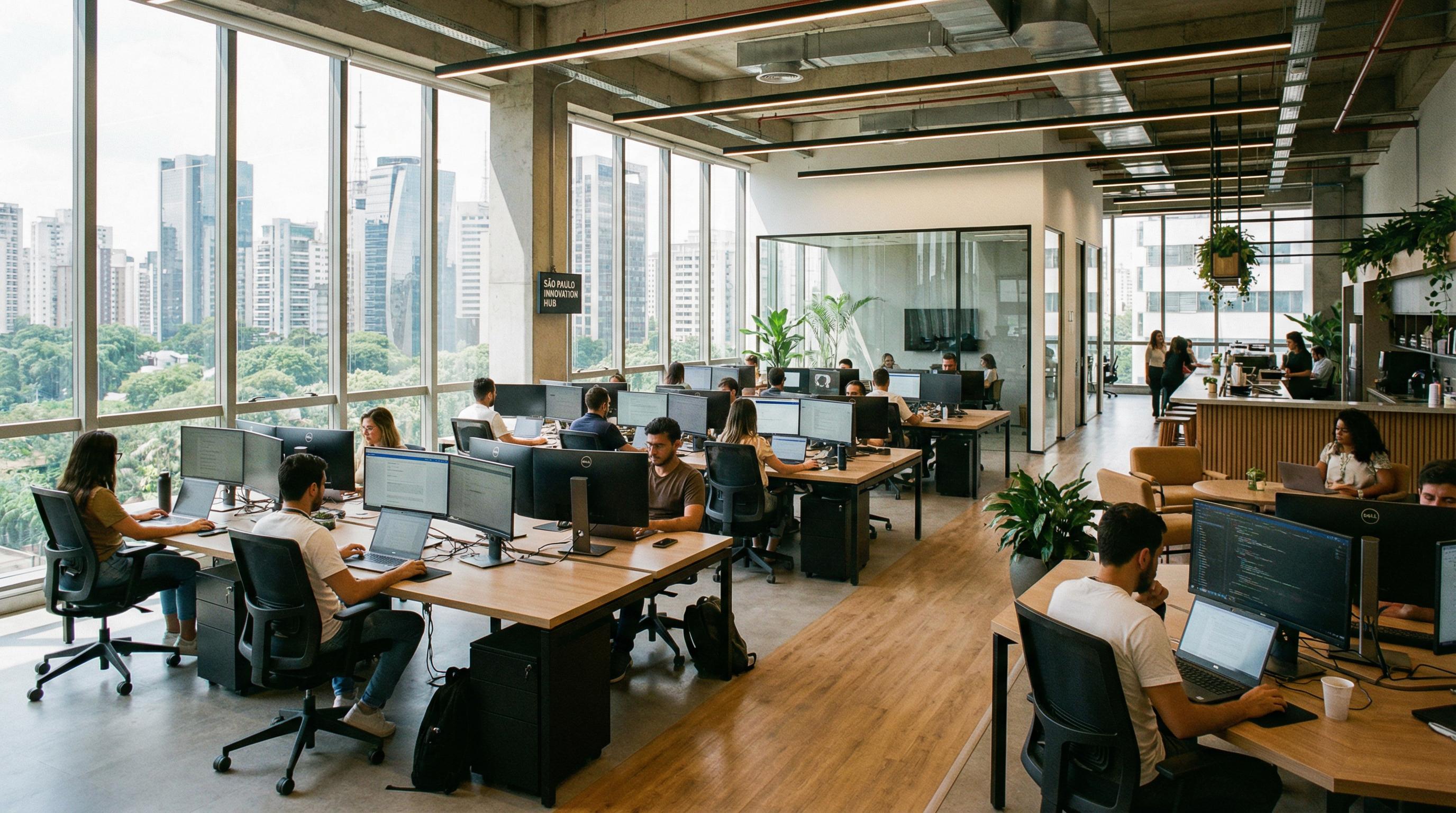 Escritório moderno de médio porte em São Paulo com equipe trabalhando produtivamente