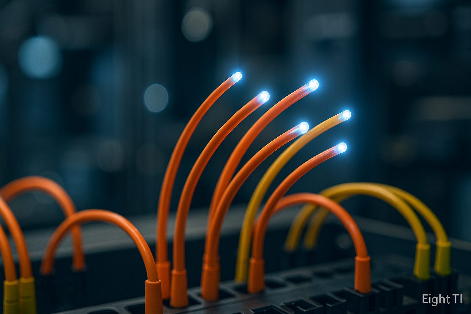Cabos de fibra óptica com transmissão de luz em painel de distribuição industrial - Eight TI