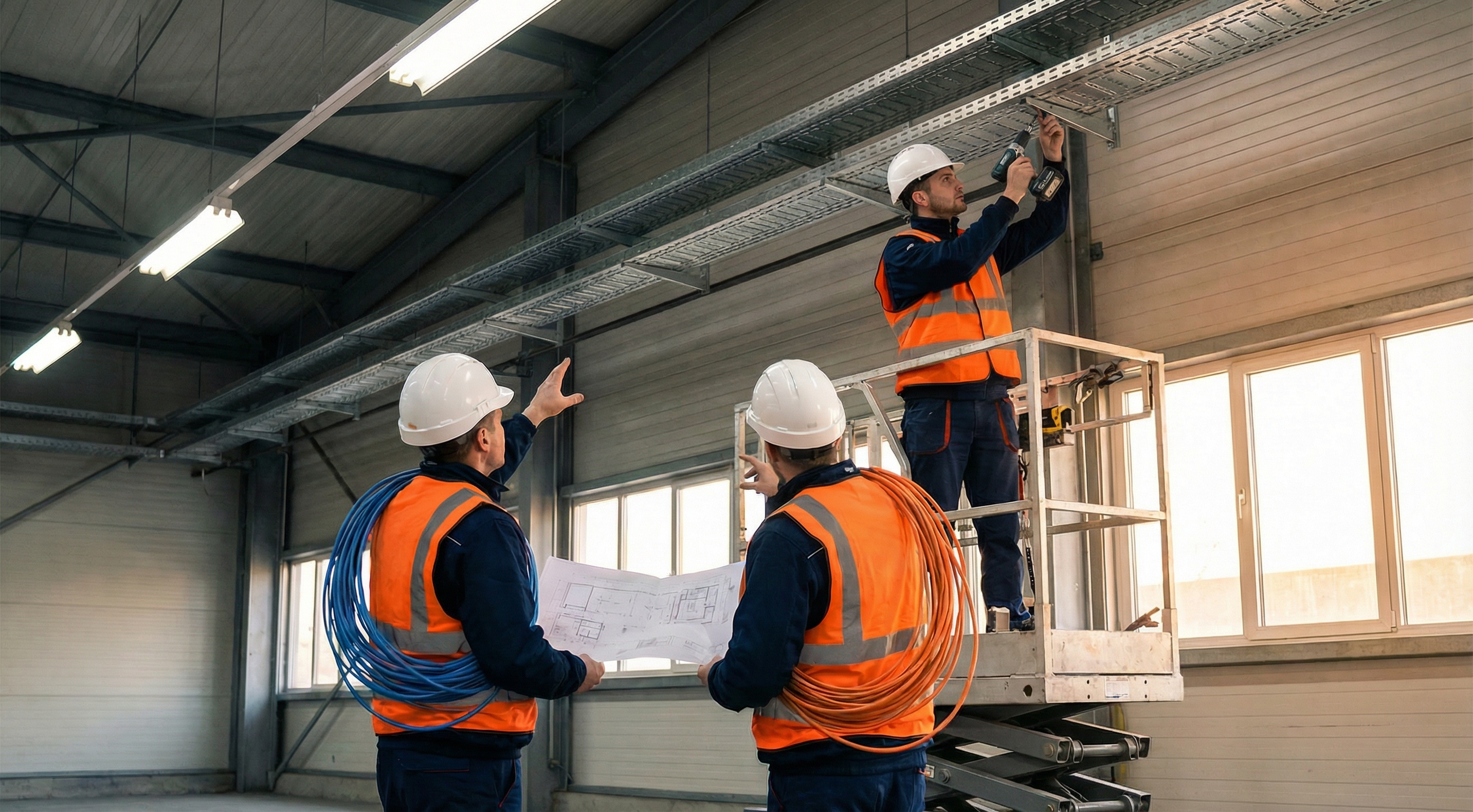 Equipe técnica Eight TI realizando instalação de cabos UTP