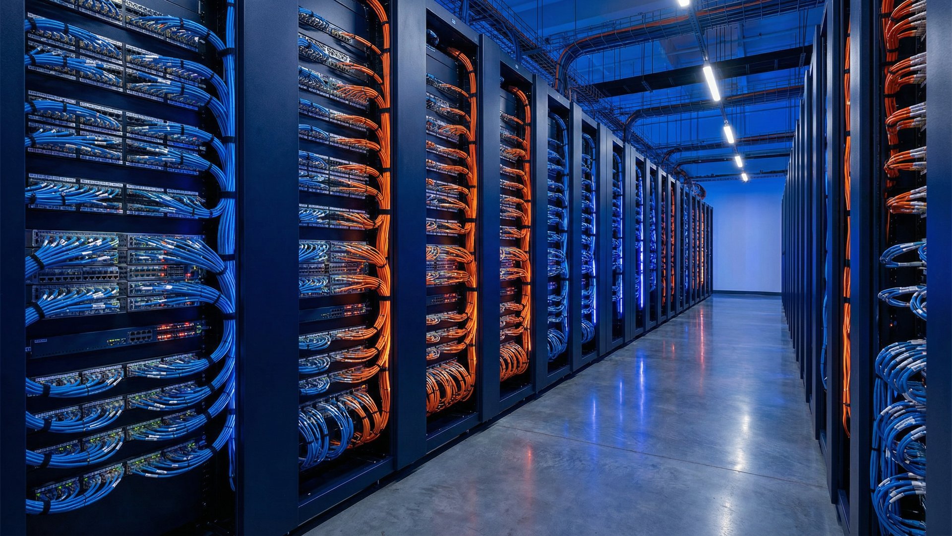 Data center com cabeamento estruturado profissional organizado em racks