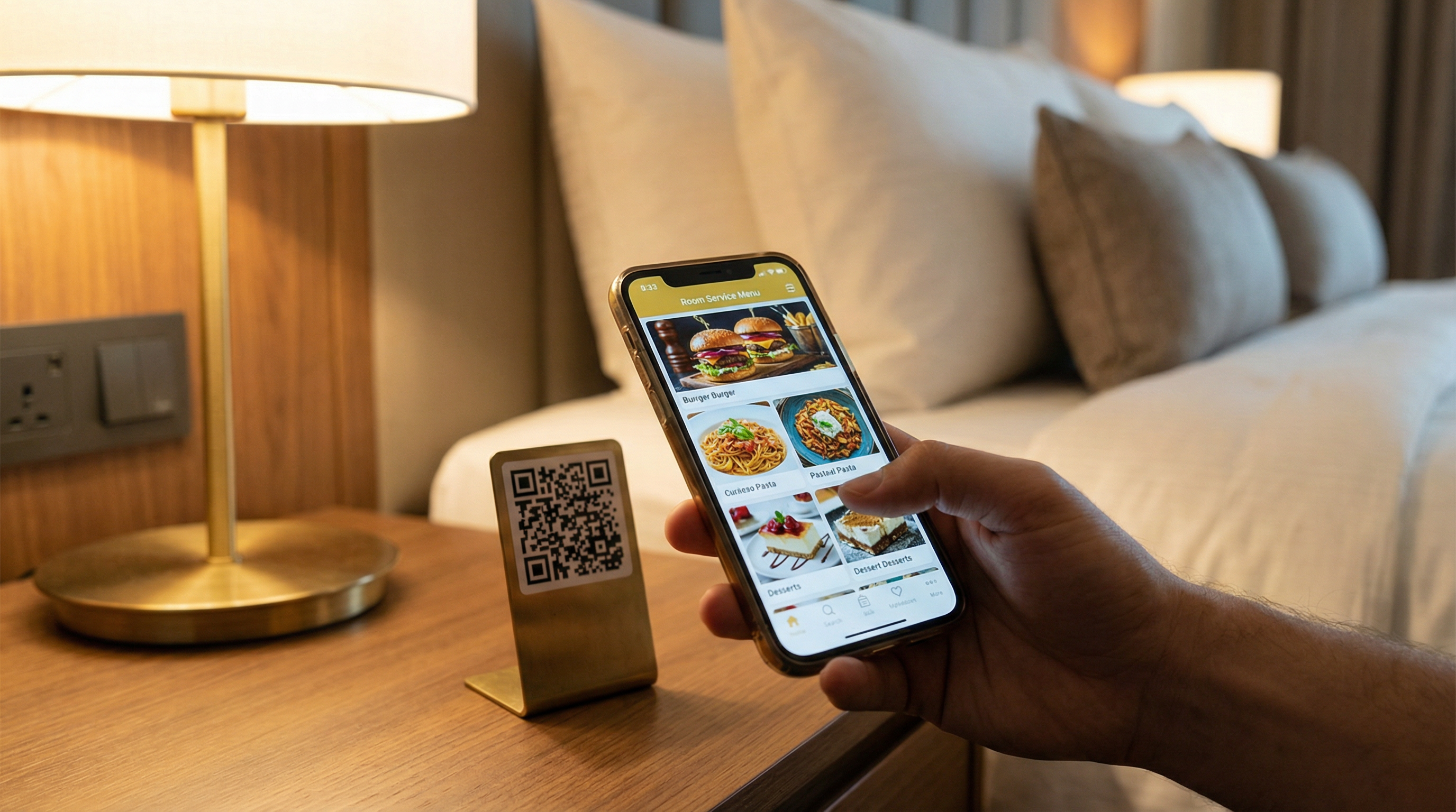 Hóspede escaneando QR Code para acessar cardápio digital e pedir serviço de quarto via celular