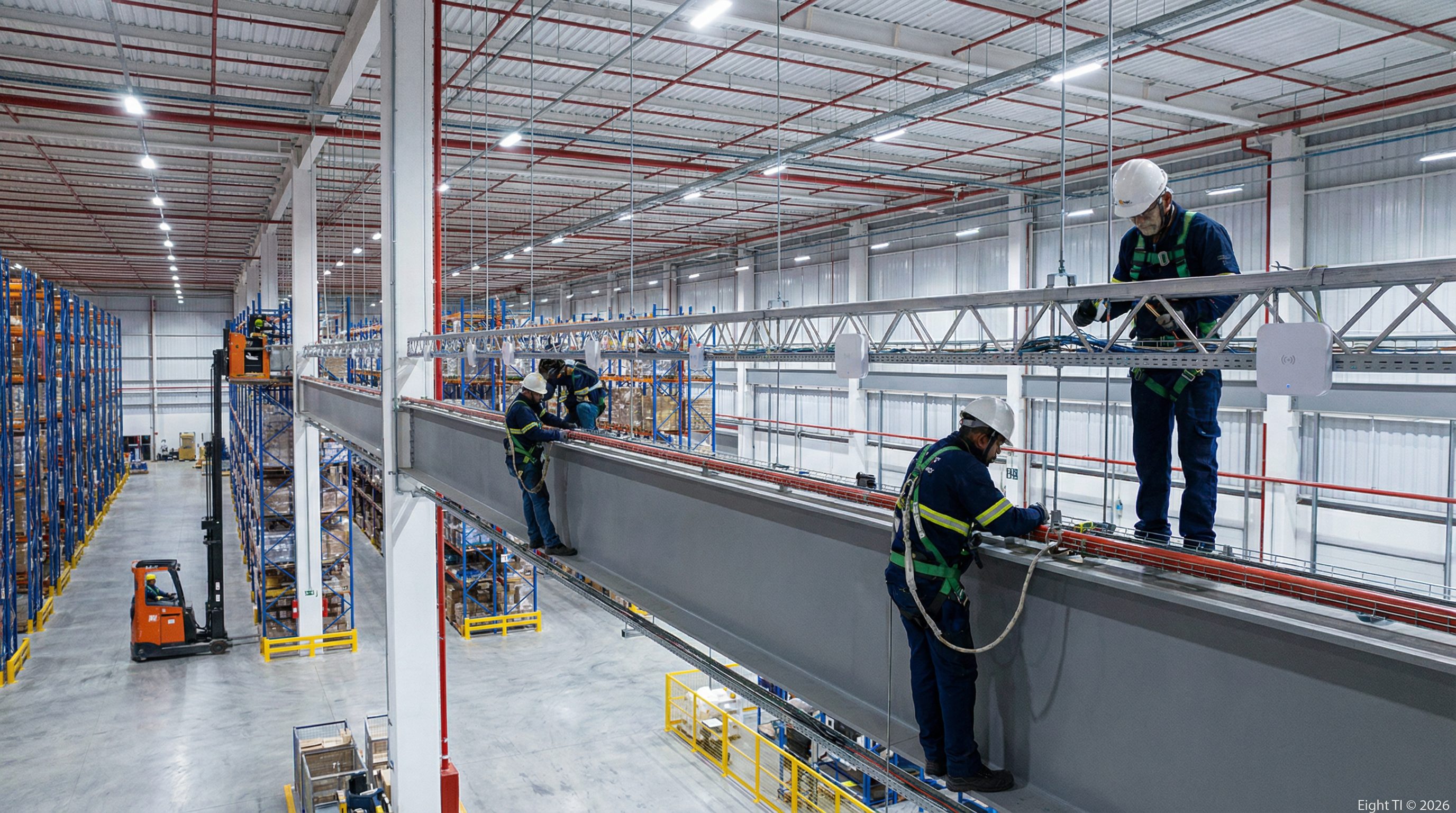 Equipe Eight TI instalando cabeamento IoT em galpão logístico com NR-35 — Eight TI © 2026