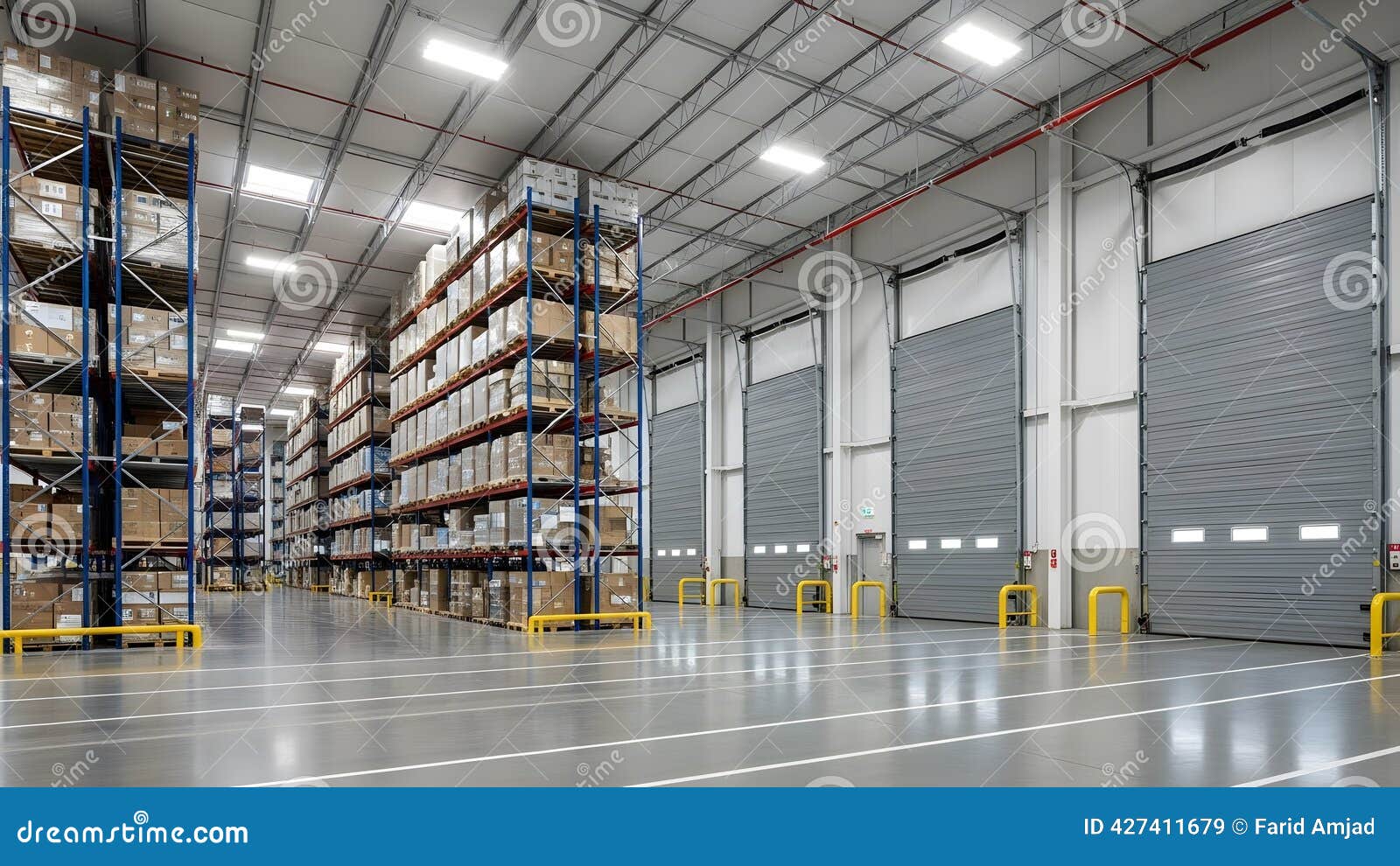 Centro de distribuição com docas de carregamento sequenciais, porta-paletes carregados de grande altura, rede de sprinklers aparente e piso industrial nivelado — a topologia física que condiciona o projeto de radiofrequência e de caminhos de cabeamento