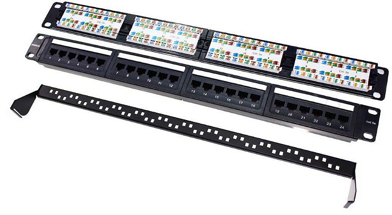Patch panel de 24 portas para rack de 19 polegadas em vista frontal e traseira, com bloco de conexão codificado por cores, numeração de portas e guia de organização de cabos — base da identificação exigida pela prática ANSI/TIA-606-D