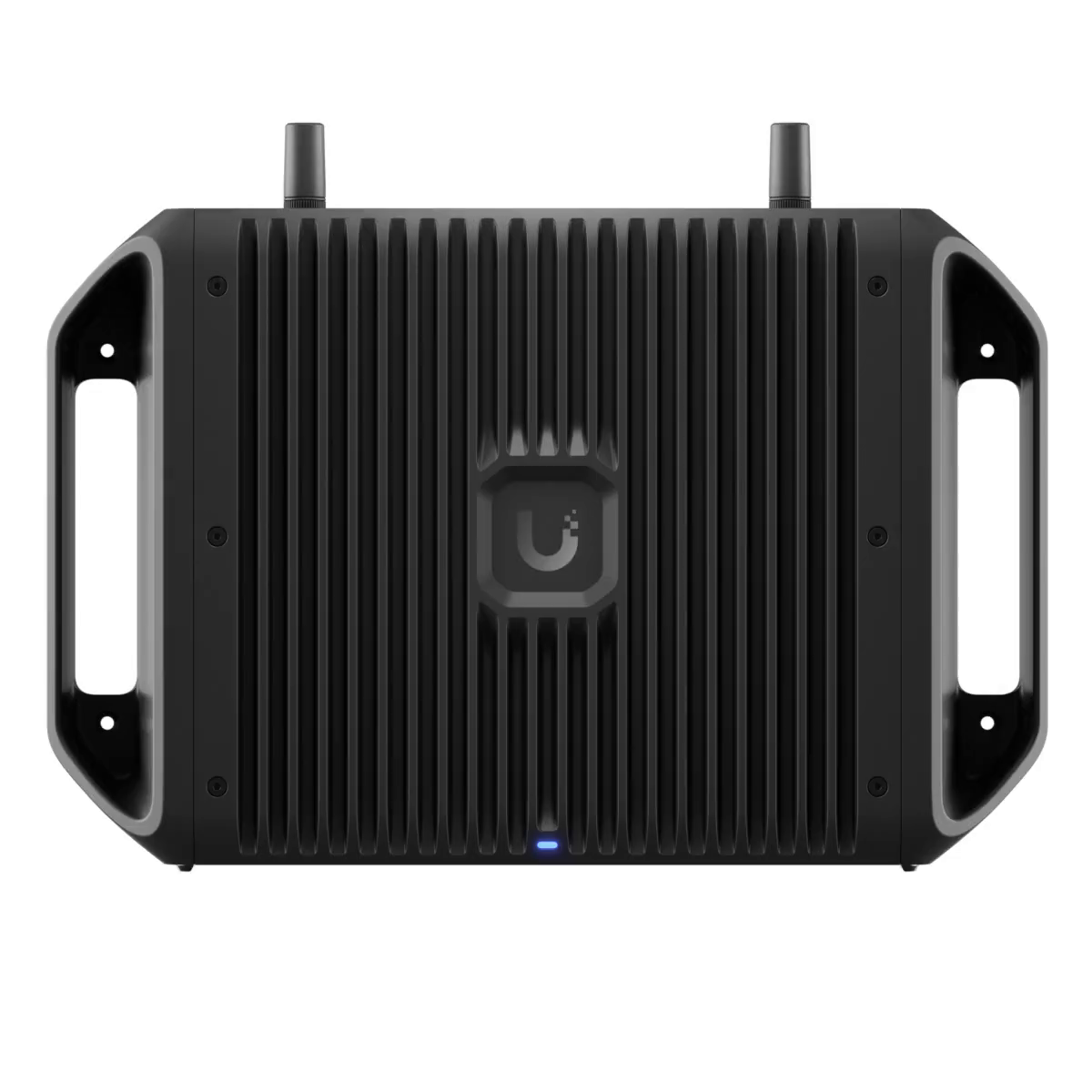 UniFi Cloud Gateway Industrial em vista superior, com dissipação passiva por aletas, duas antenas externas e abas de fixação para montagem em gabinete de campo — projetado para operação de -30 °C a 50 °C sem ventoinha