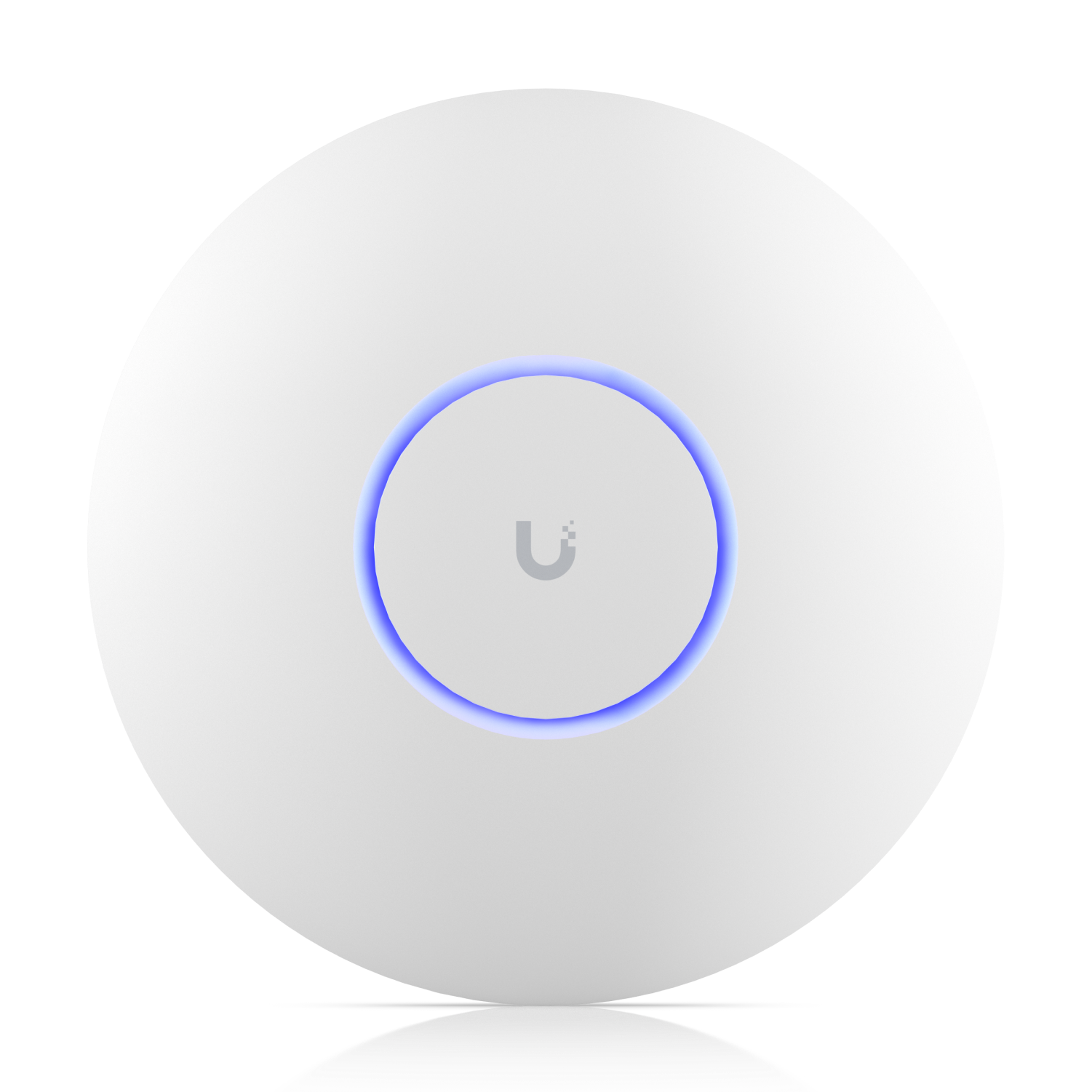 Access point UniFi U7 Pro com Wi-Fi 7 em vista frontal, com invólucro circular de perfil baixo e anel indicador luminoso — modelo de teto alimentado por PoE++ sobre cabeamento estruturado Categoria 6A