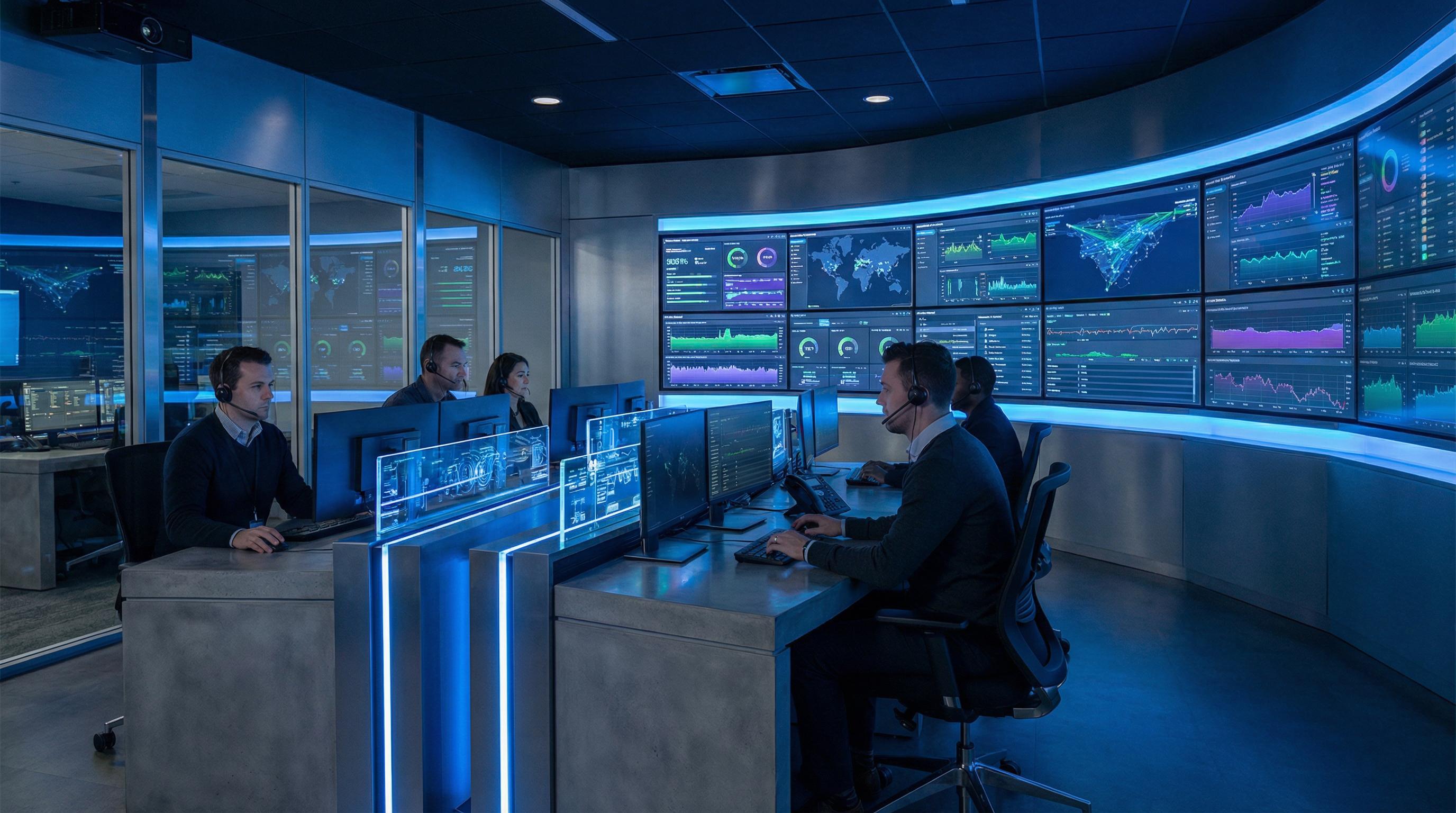 Centro de Operações de Rede (NOC) da Sabretech com telas de monitoramento