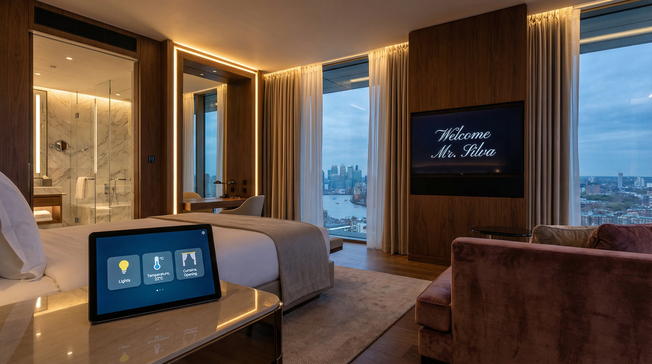 Quarto de hotel de luxo com sistema de automação integrado, tablet de controle e TV interativa