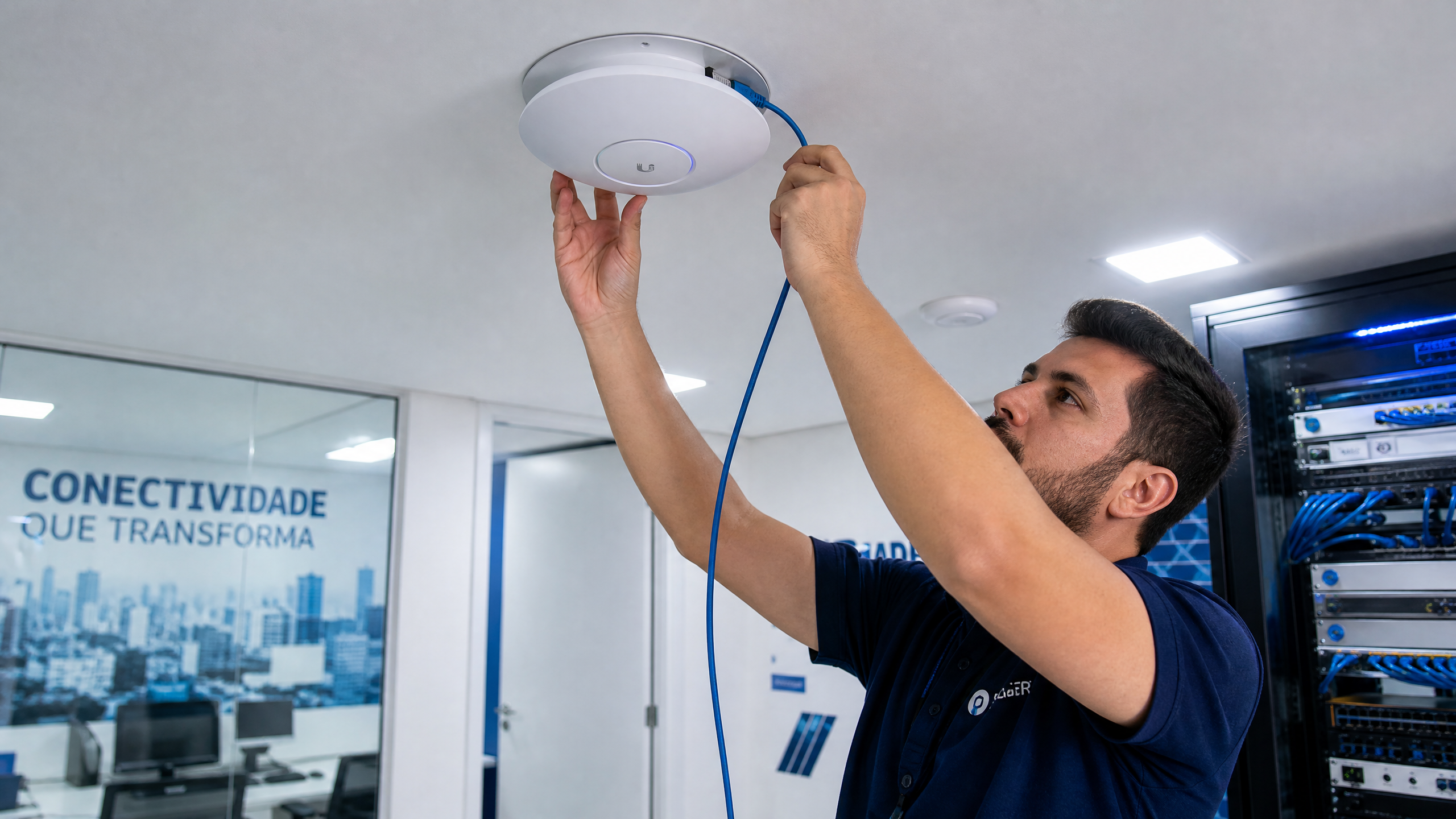Técnico instalando Ubiquiti U7 Pro no teto com cabo Cat6A