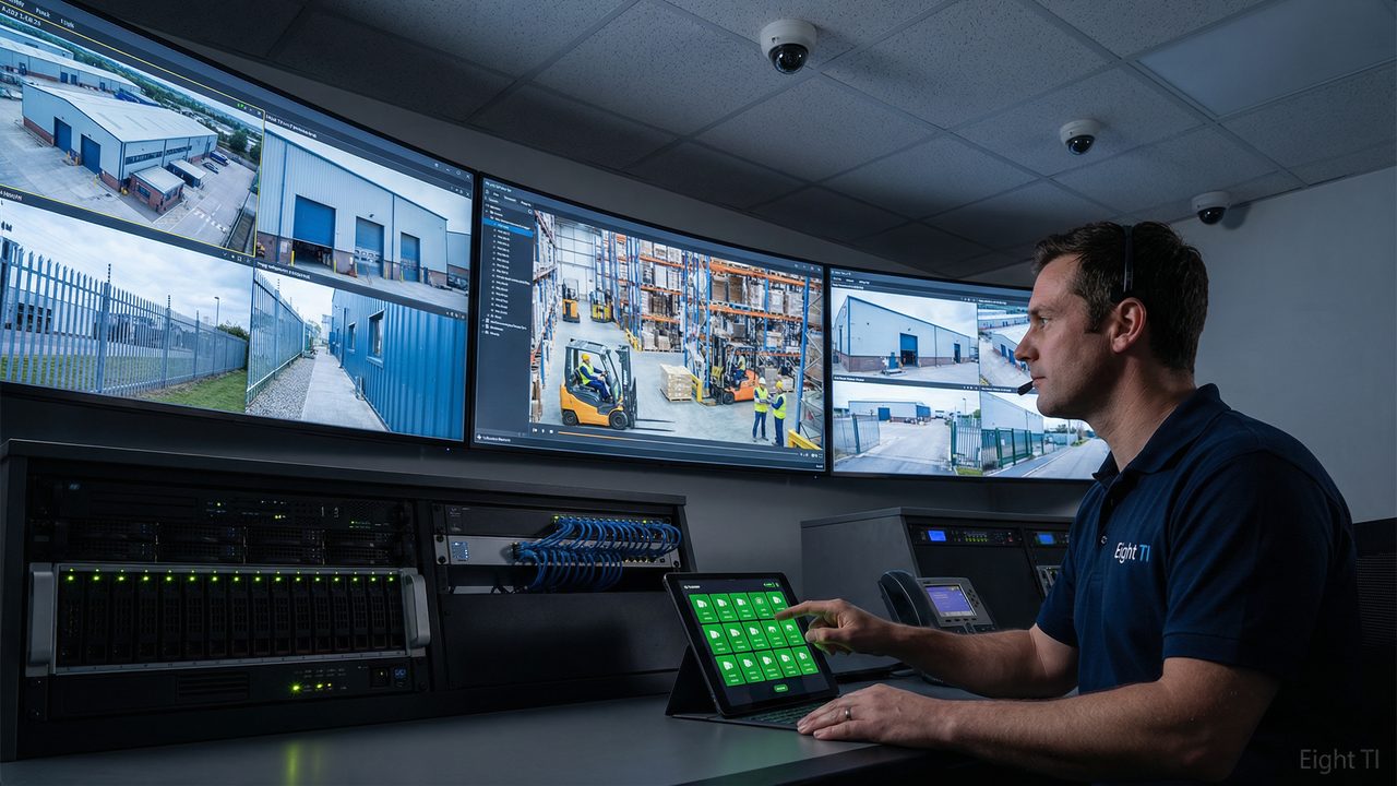 Sala de monitoramento de CFTV com múltiplas telas exibindo câmeras IP de galpão industrial — técnico Eight TI verificando status das câmeras no tablet