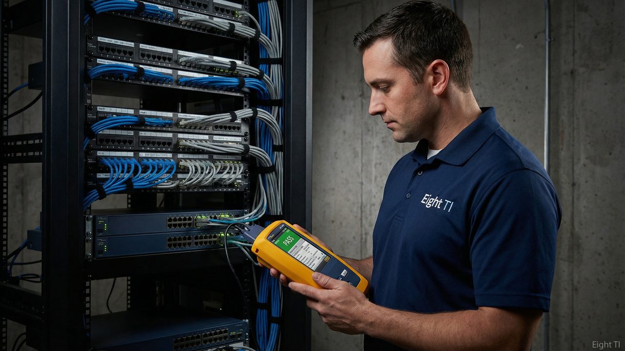 Técnico da Eight TI realizando verificação de rede com Fluke Networks DSX-8000 em rack de TI industrial
