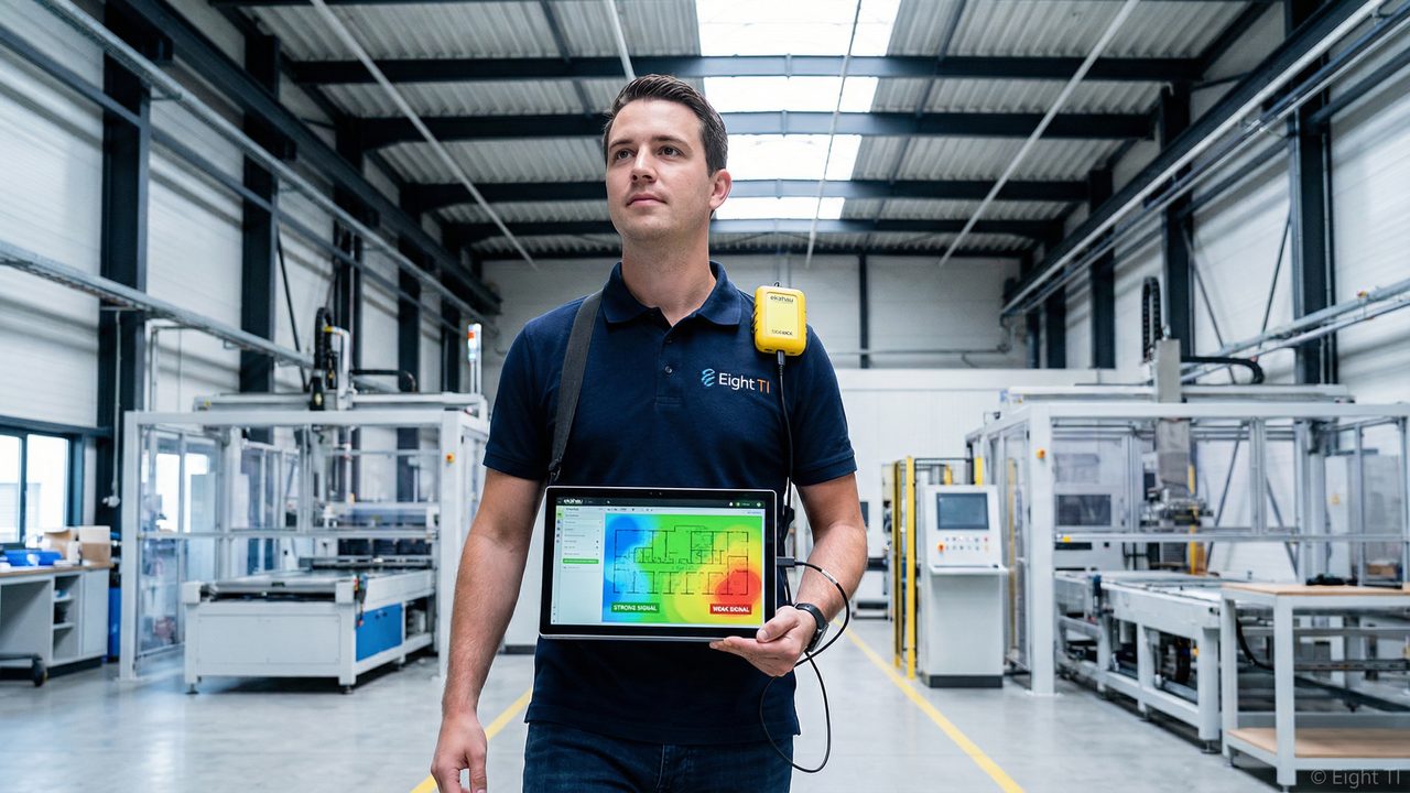 Técnico da Eight TI realizando survey de wireless com Ekahau Sidekick em ambiente industrial, mostrando mapa de calor de cobertura Wi-Fi