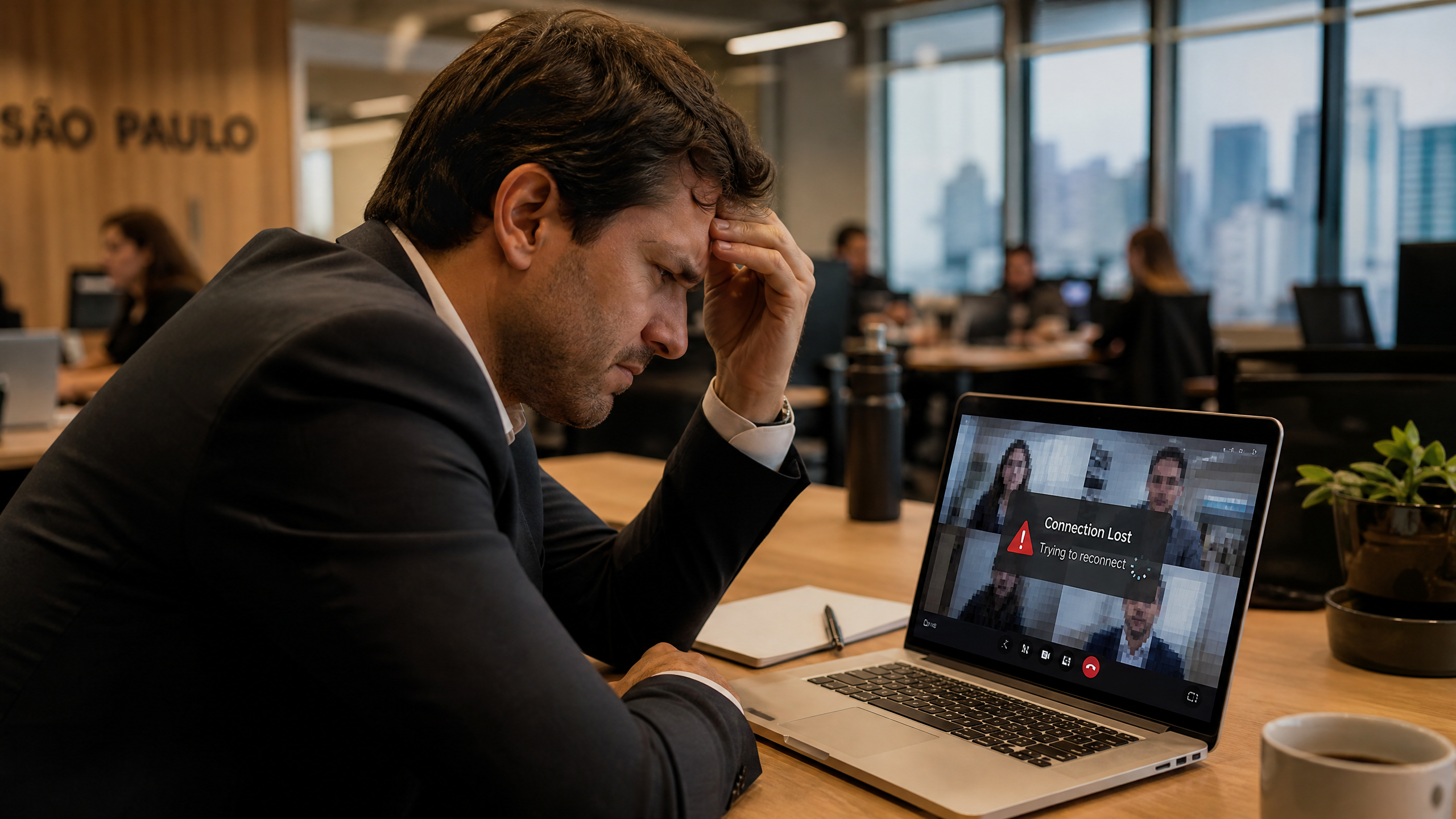 Profissional frustrado com videoconferência travando devido a rede lenta