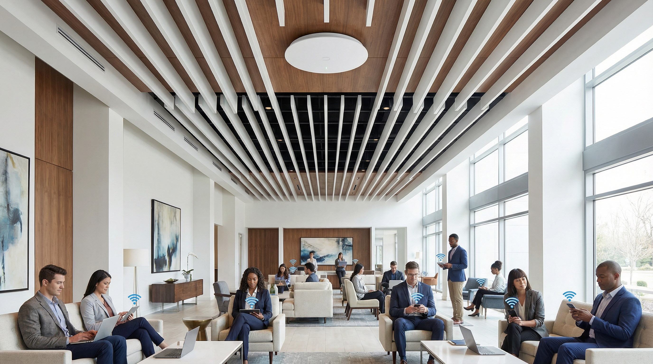 Access Point Wi-Fi de alta densidade instalado discretamente no teto do lobby de um hotel